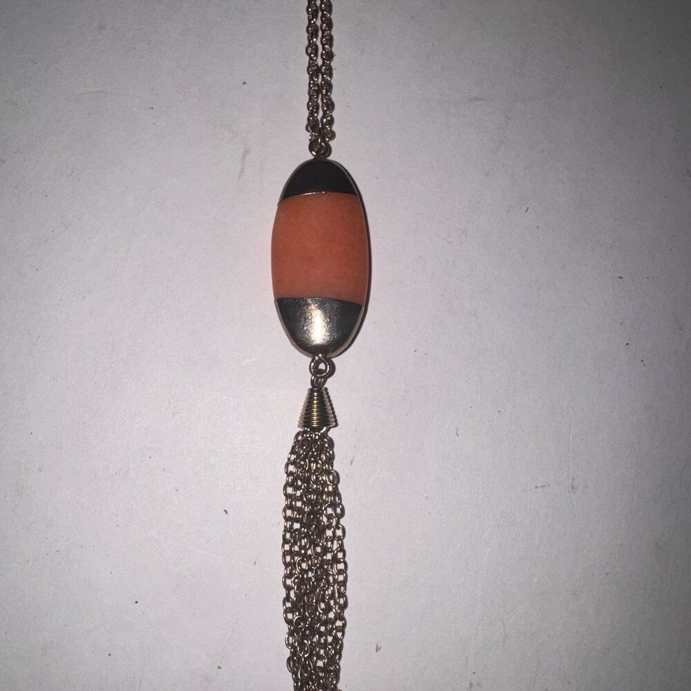 Vintage Gold Tone Long Tassel Pendant Necklace Coral Orange Faux Stone Boho